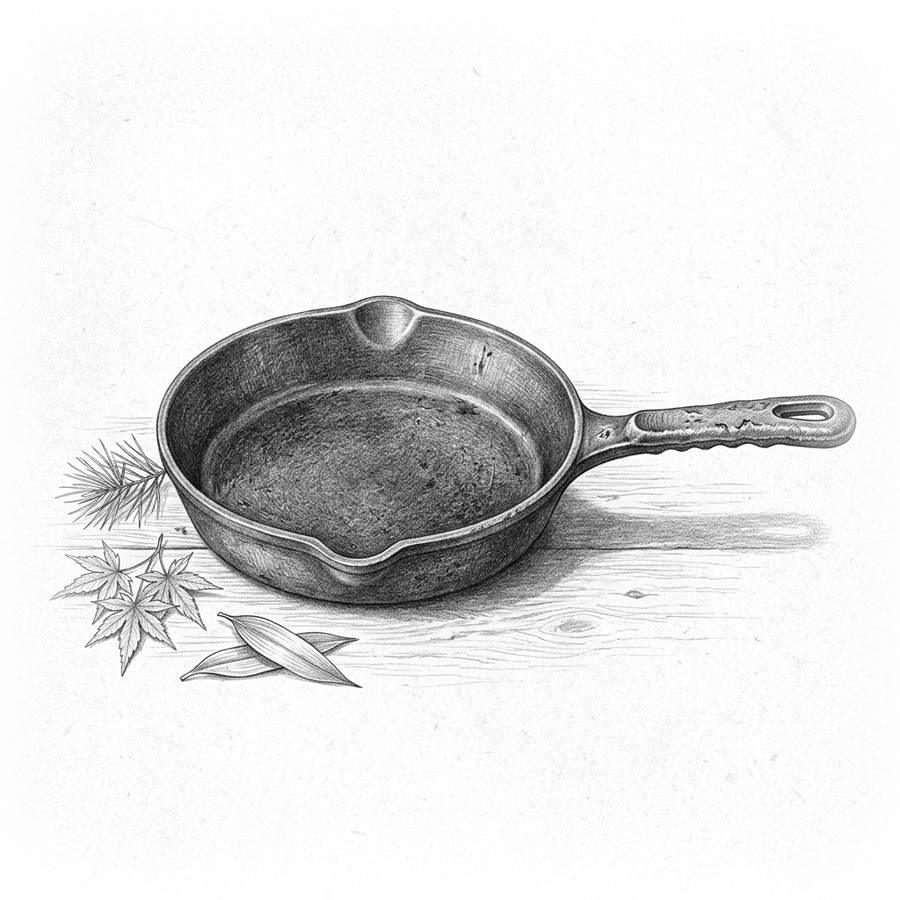 Ilustración a lápiz de una sartén de hierro